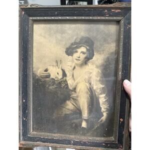 Antique Framed Print Child With Rabbit Edwardian Art c1900 Wood Frame